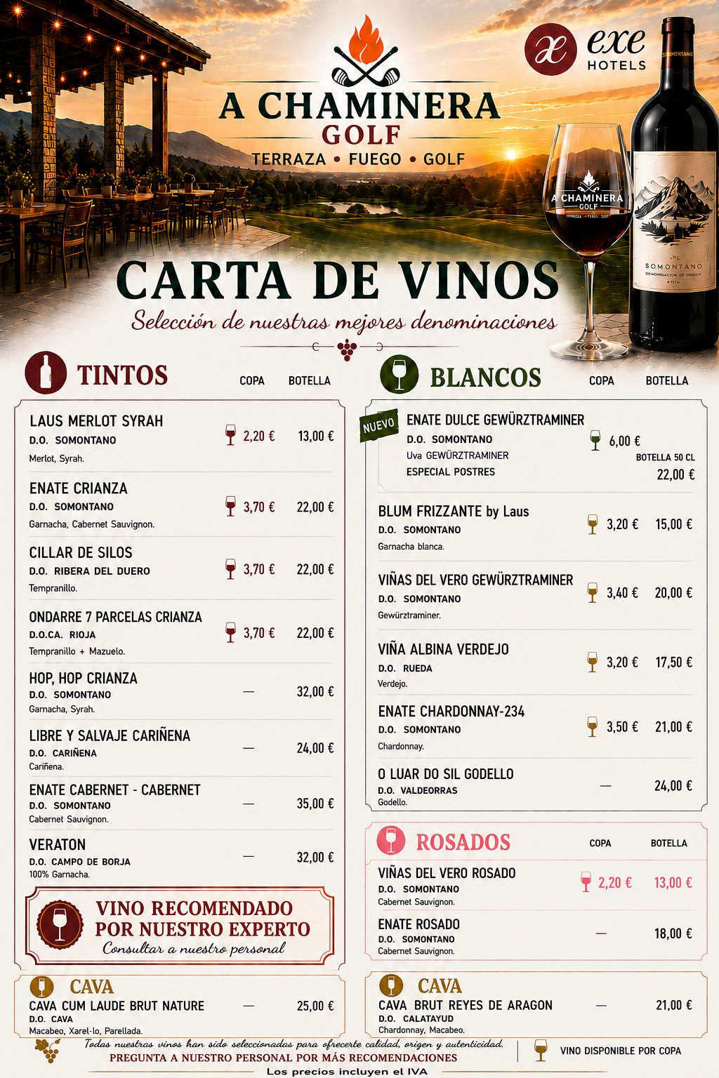 Carta de Vinos en A Chaminera - Exe Golf
